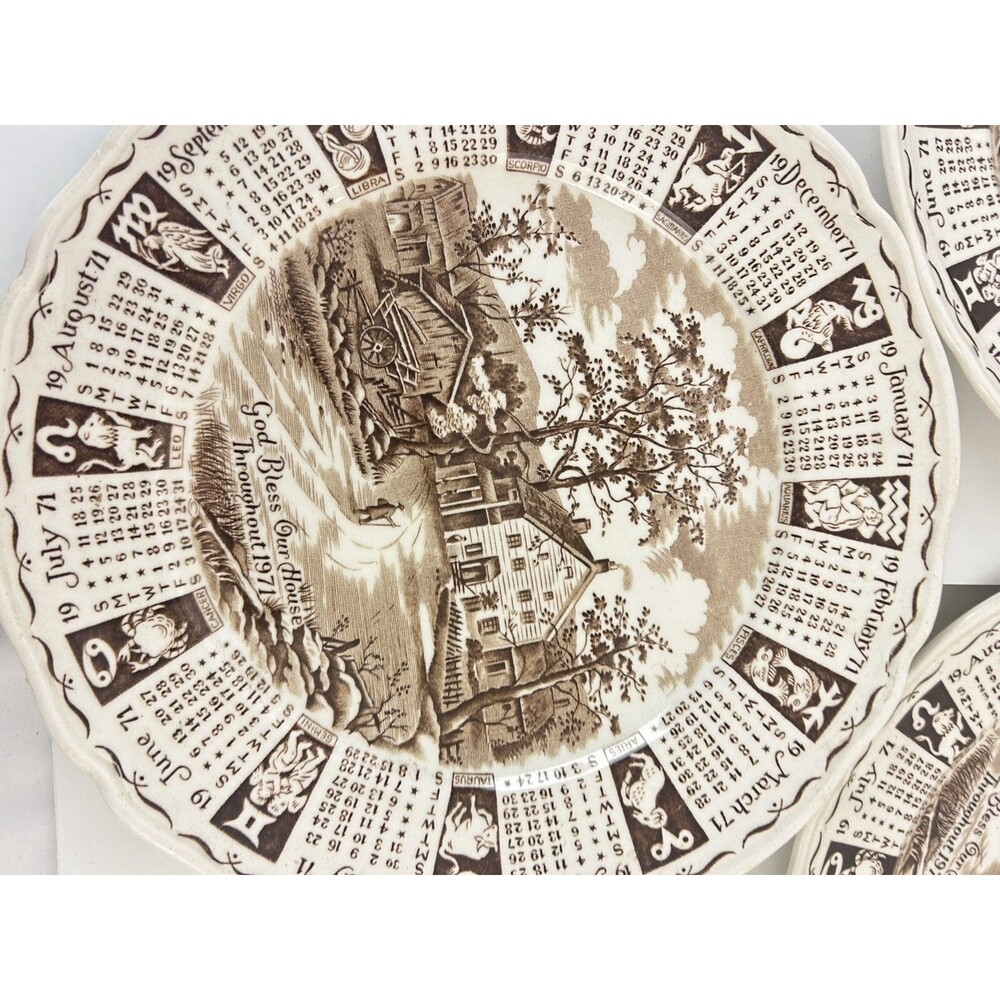 3 Set Alfred Meakin 1971 Calendar Plate Brown Transferware England Vintage